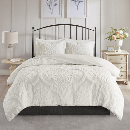 Duvet Cover Set King/Cal King off-white tufted cotton chenille damask 3-piece HouseOfZazla on Tampa Home & Garden Store
