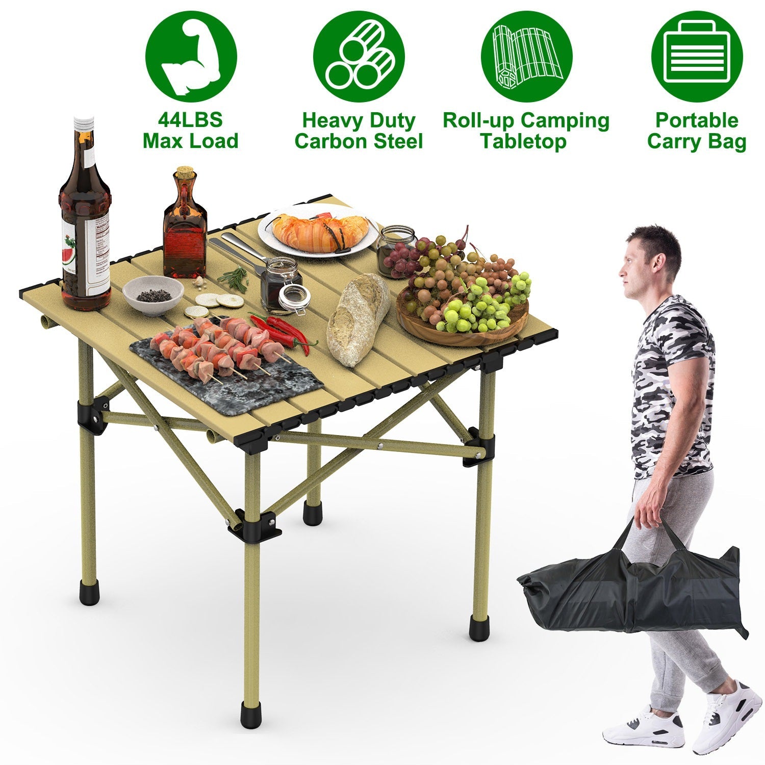 GemGear folding camping table portable carbon steel roll-up desk with carry bag beige tabletop on Tampa Home & Garden Store
