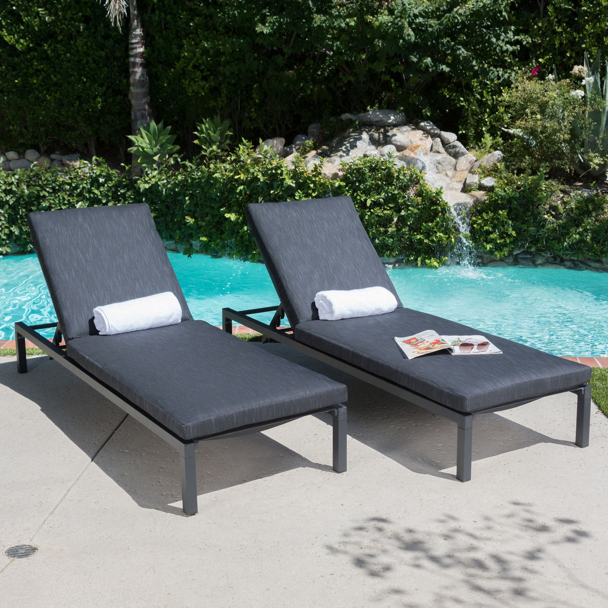 Modern Chaise Lounge pair with dark gray water-resistant cushions by HouseOfZazla on Tampa Home & Garden Store