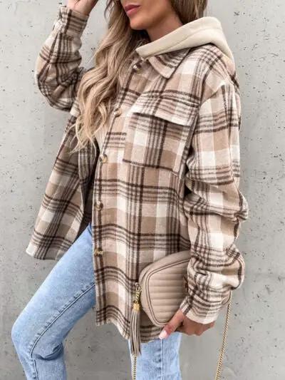 Vintage camel plaid button-up wrap coat with removable hood by Stevvex, cozy retro wear on Tampa Home & Garden Store