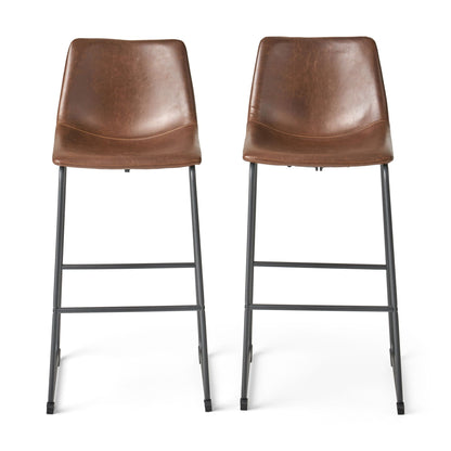 Barstools vintage brown leather upholstery with foot rails and black metal legs pair on Tampa Home & Garden Store