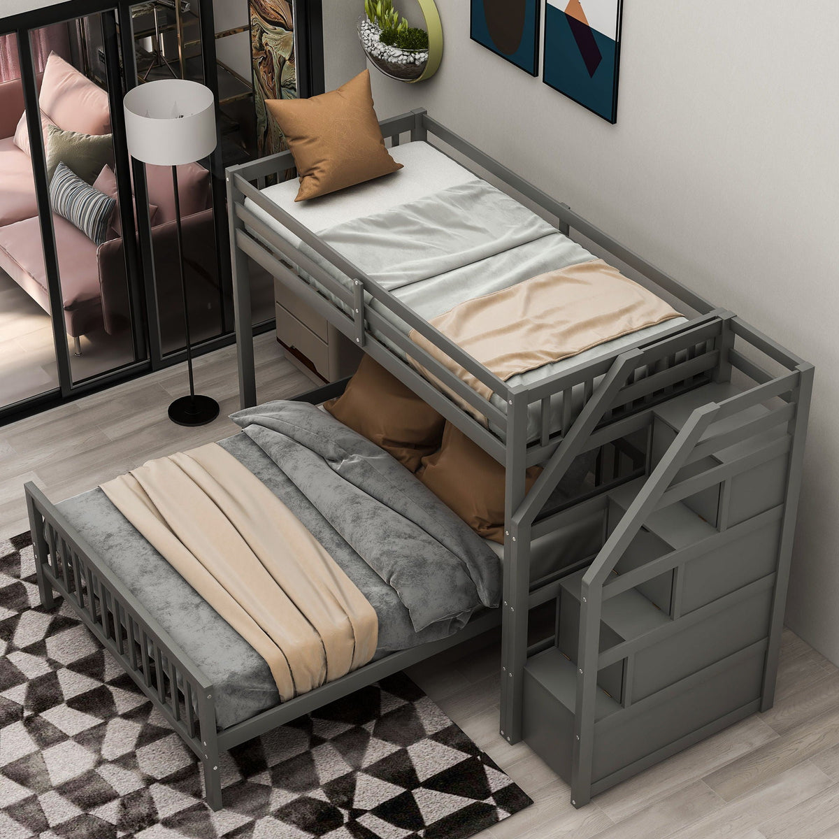 Loft bed with staircase and storage in gray metal twin size with built-in drawers on Tampa Home & Garden Store