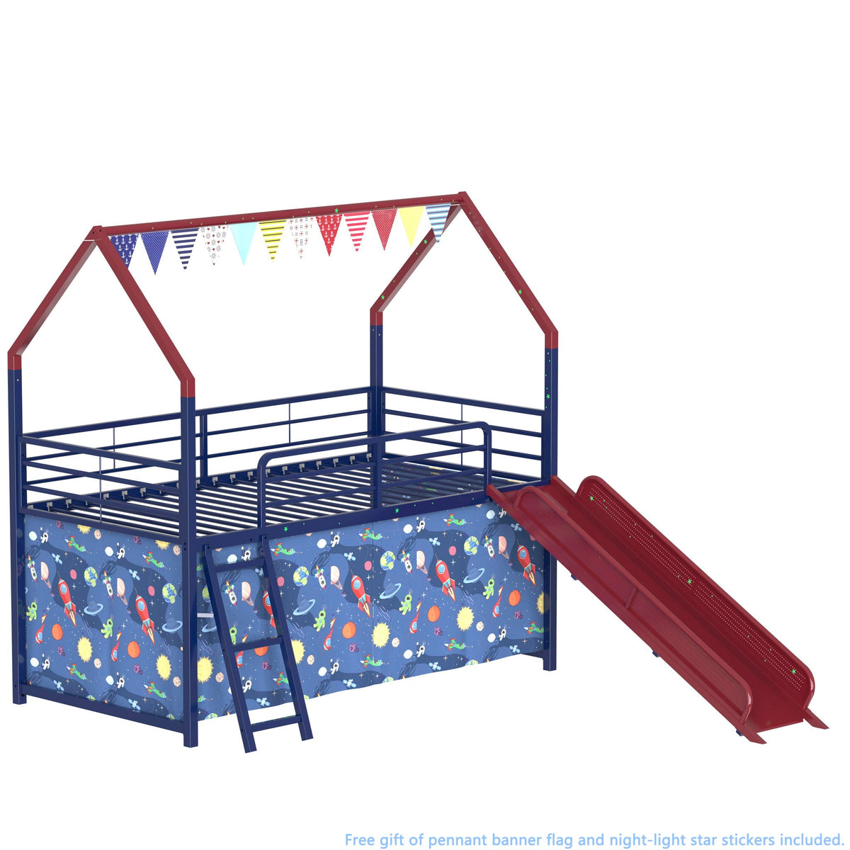 Jack loft bed with slide and curtain set; blue frame, space panels, red slide by HouseOfZazla on Tampa Home & Garden Store