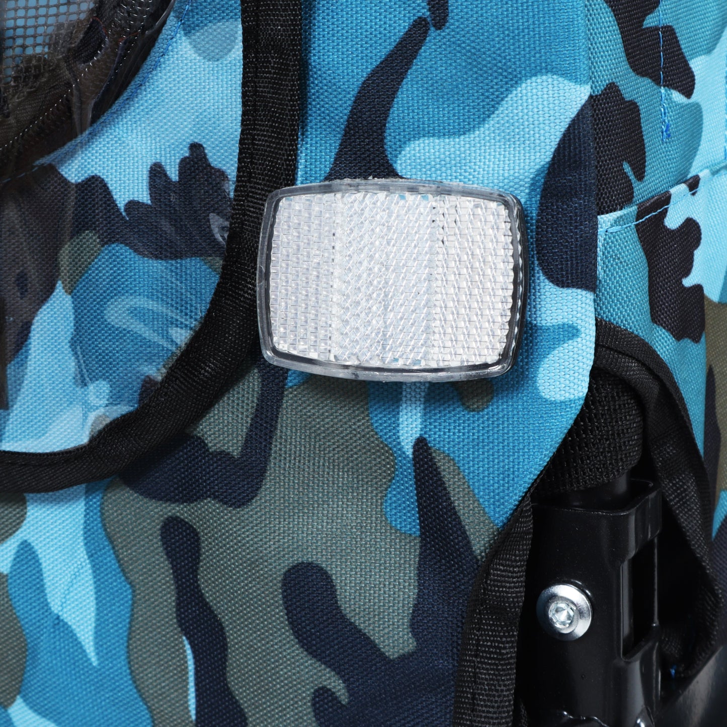 Outdoor heavy duty collapsible pet trailer with blue camo fabric black straps reflective on Tampa Home & Garden Store