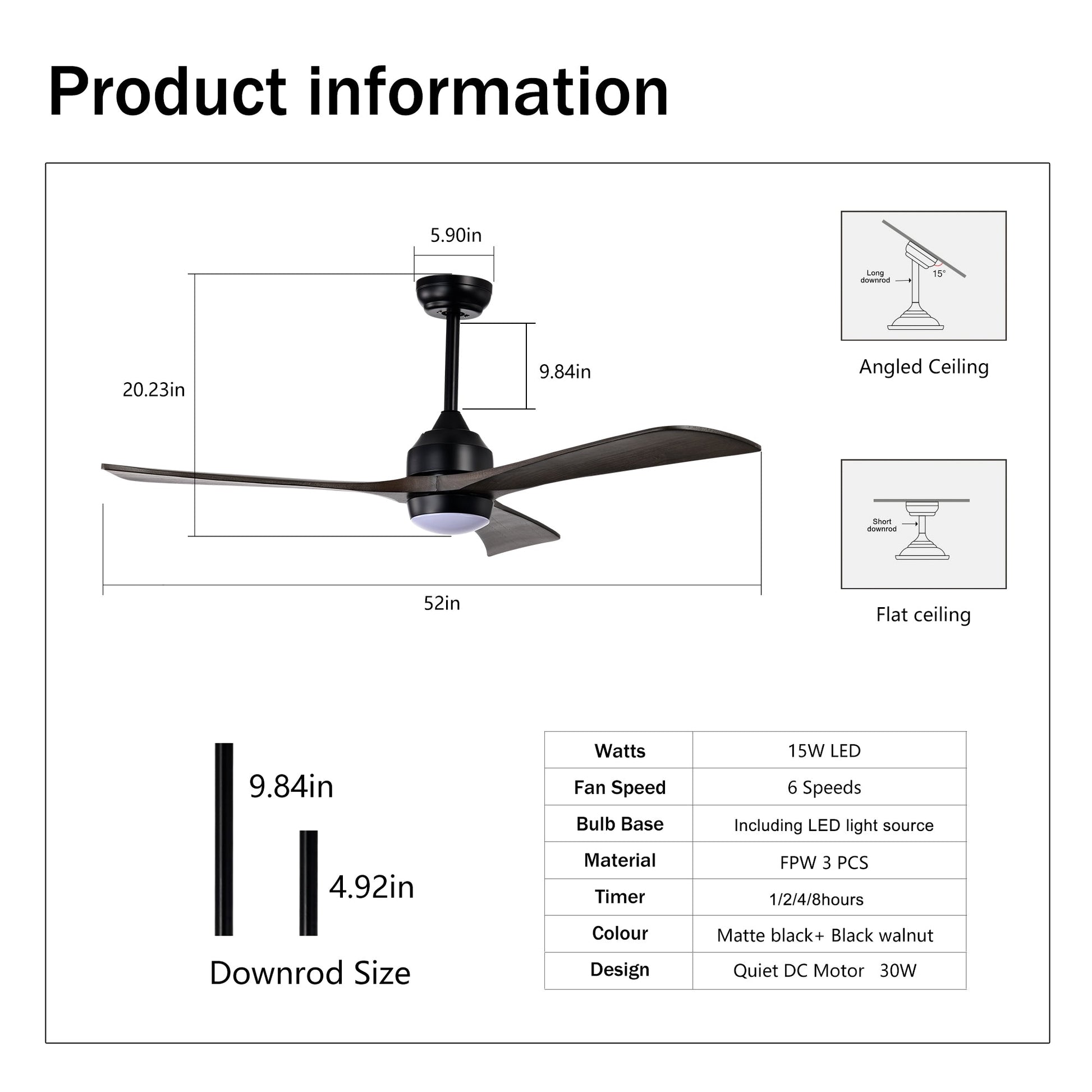 52in solid wood ceiling fan with LED light matte black walnut remote quiet DC motor on Tampa Home & Garden Store