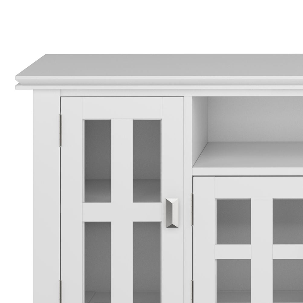 Artisan solid wood TV stand with glass front cabinet doors and flip drawer white finish on Tampa Home & Garden Store