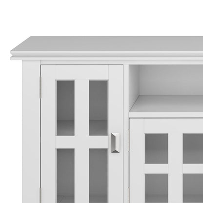 Artisan solid wood TV stand with glass front cabinet doors and flip drawer white finish on Tampa Home & Garden Store