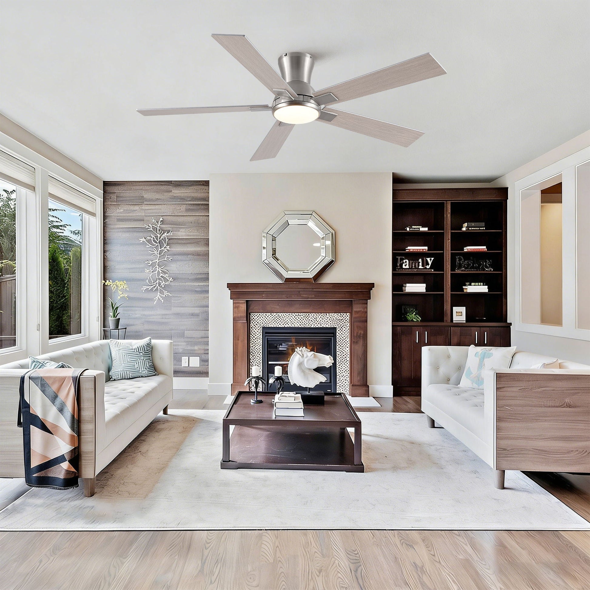 Ceiling fan with integrated LED light, low-profile flush mount, light wood blades HouseOfZazla on Tampa Home & Garden Store