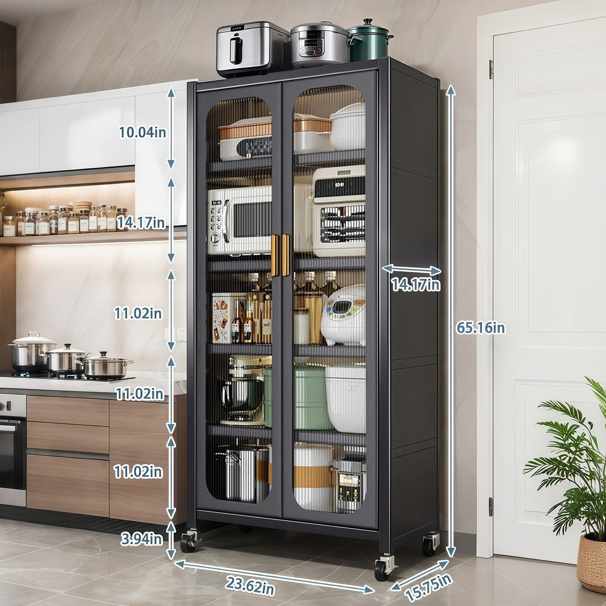 Dark gray 6-tier display cabinet with glass doors and adjustable shelves on casters on Tampa Home & Garden Store