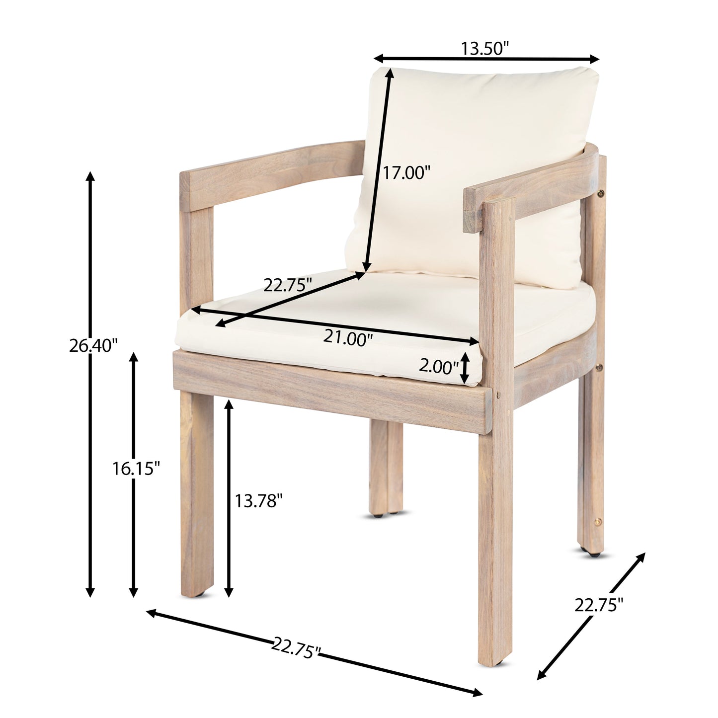 Acacia wood dining chairs set of 2 with beige cushions, wood armchairs for patio seating on Tampa Home & Garden Store