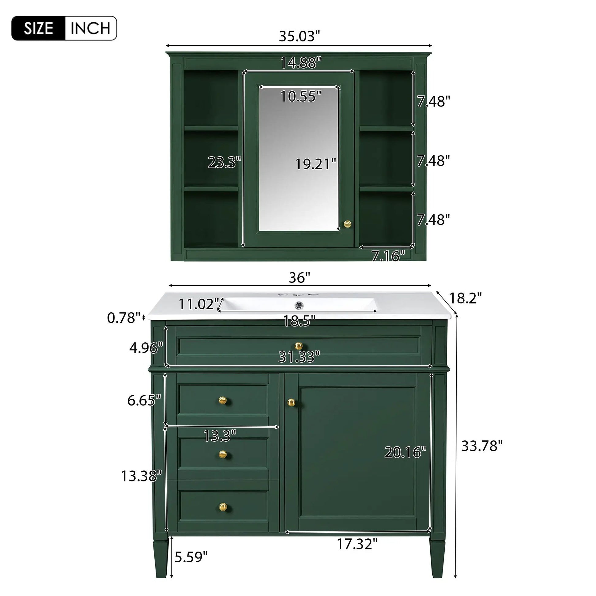 Bathroom vanity with mirror cabinet green finish single sink 2 soft-close doors 4 drawers on Tampa Home & Garden Store