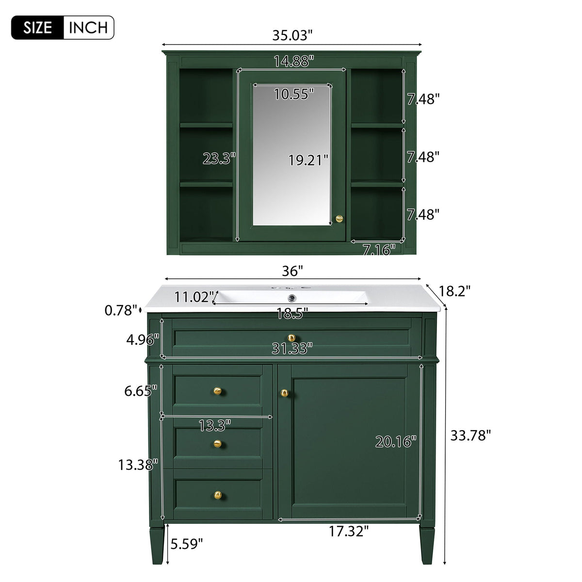 Green bathroom vanity with mirror cabinet and single sink by HouseOfZazla with soft-closing doors on Tampa Home & Garden Store
