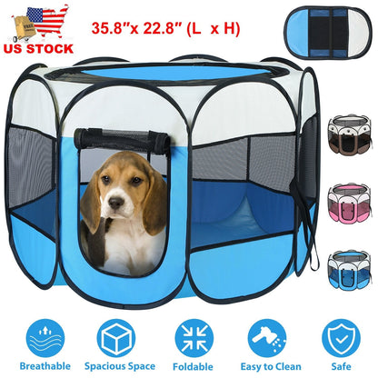GemGear blue foldable pet exercise pen with mesh sides and front door on Tampa Home & Garden Store