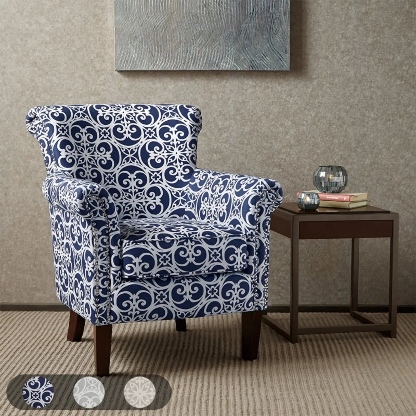 Brooke Tight Back Club Chair blue white damask fabric with dark wood legs Unique Piece Furniture on Tampa Home & Garden Store