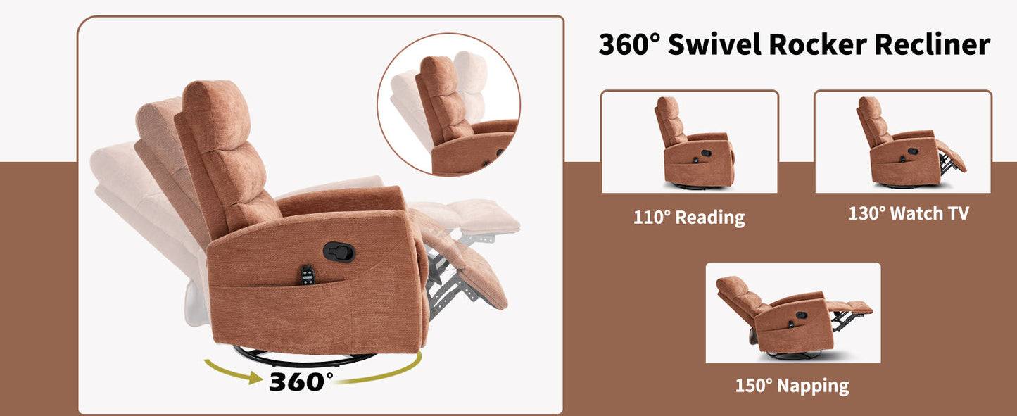 Heat Massage Manual Recliner Chair, brown fabric, 360° swivel rocker with remote, HouseOfZazla on Tampa Home & Garden Store