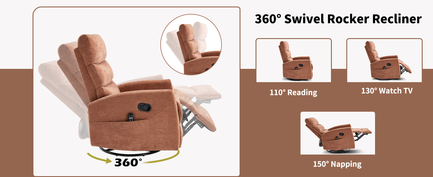 Heat Massage Manual Recliner Chair, brown fabric, 360° swivel rocker with remote, HouseOfZazla on Tampa Home & Garden Store