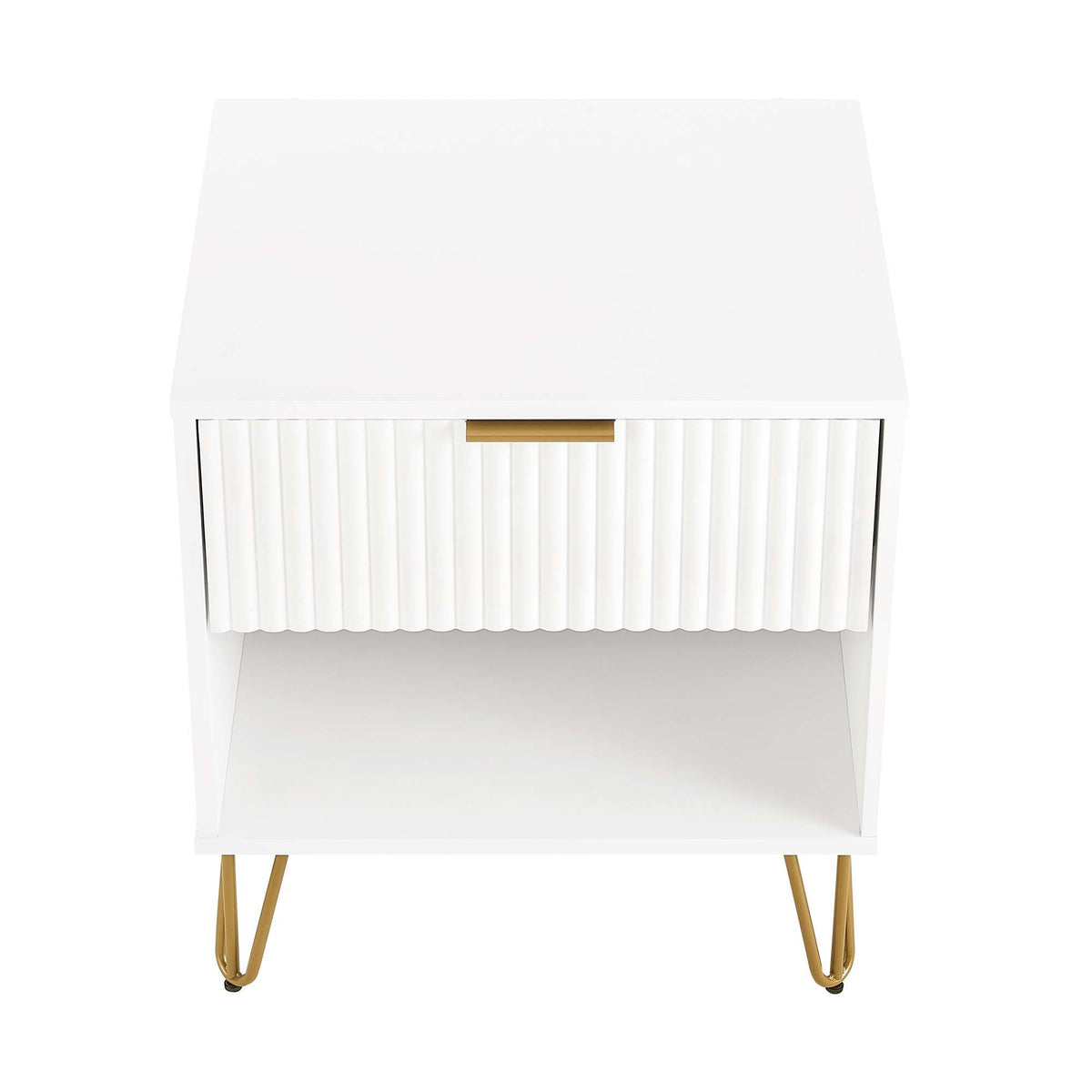 Modern white nightstand with fluted drawer front, gold bar handle, and slim gold legs on Tampa Home & Garden Store