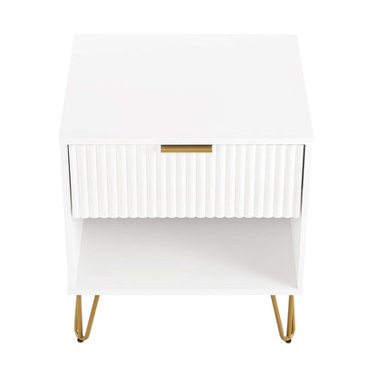 Modern white nightstand with fluted drawer front, gold bar handle, and slim gold legs on Tampa Home & Garden Store