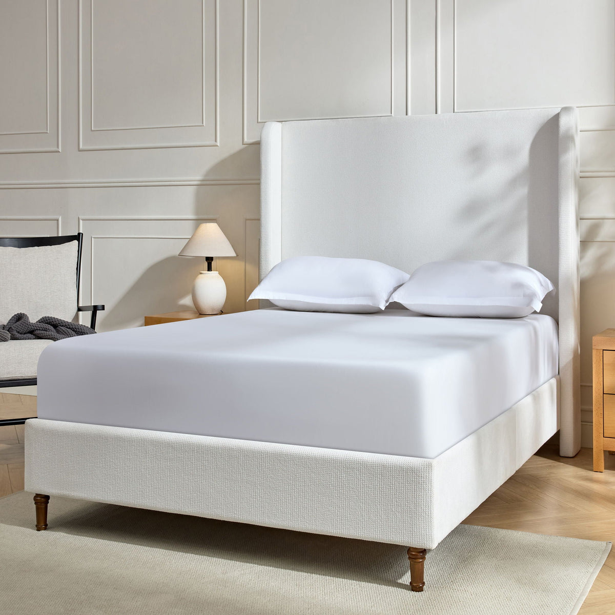 Harper tall upholstered bed with white headboard and simple fabric no box spring needed on Tampa Home & Garden Store