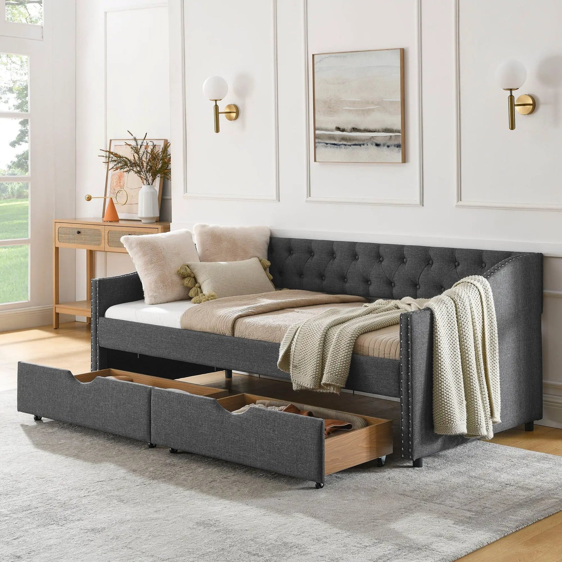 Upholstered tufted daybed with 2 drawers, waved arms in dark gray by Unique Piece Furniture on Tampa Home & Garden Store
