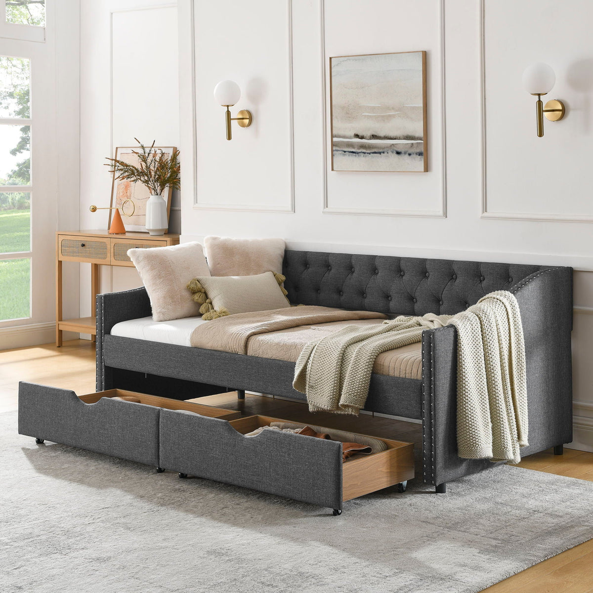 Upholstered Tufted Daybed with Storage Drawers