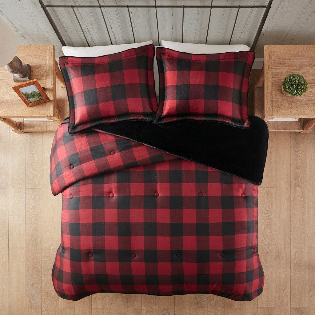 HouseOfZazla king faux wool to faux fur down alternative comforter set in red plaid with shams on Tampa Home & Garden Store