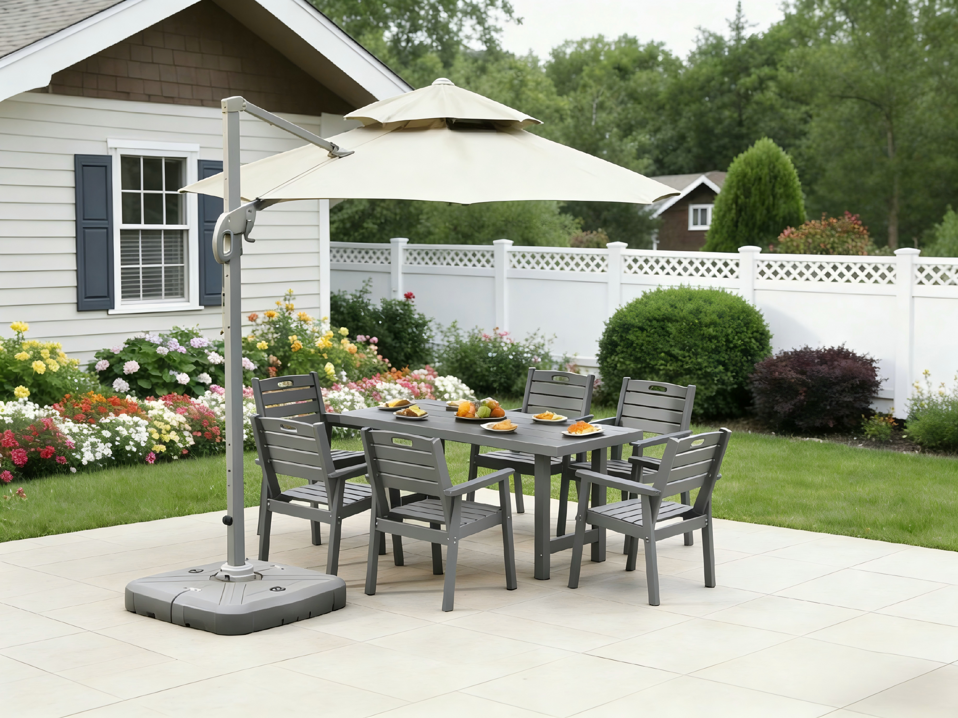 HDPE outdoor patio dining set with gray table and six chairs under a beige umbrella on Tampa Home & Garden Store