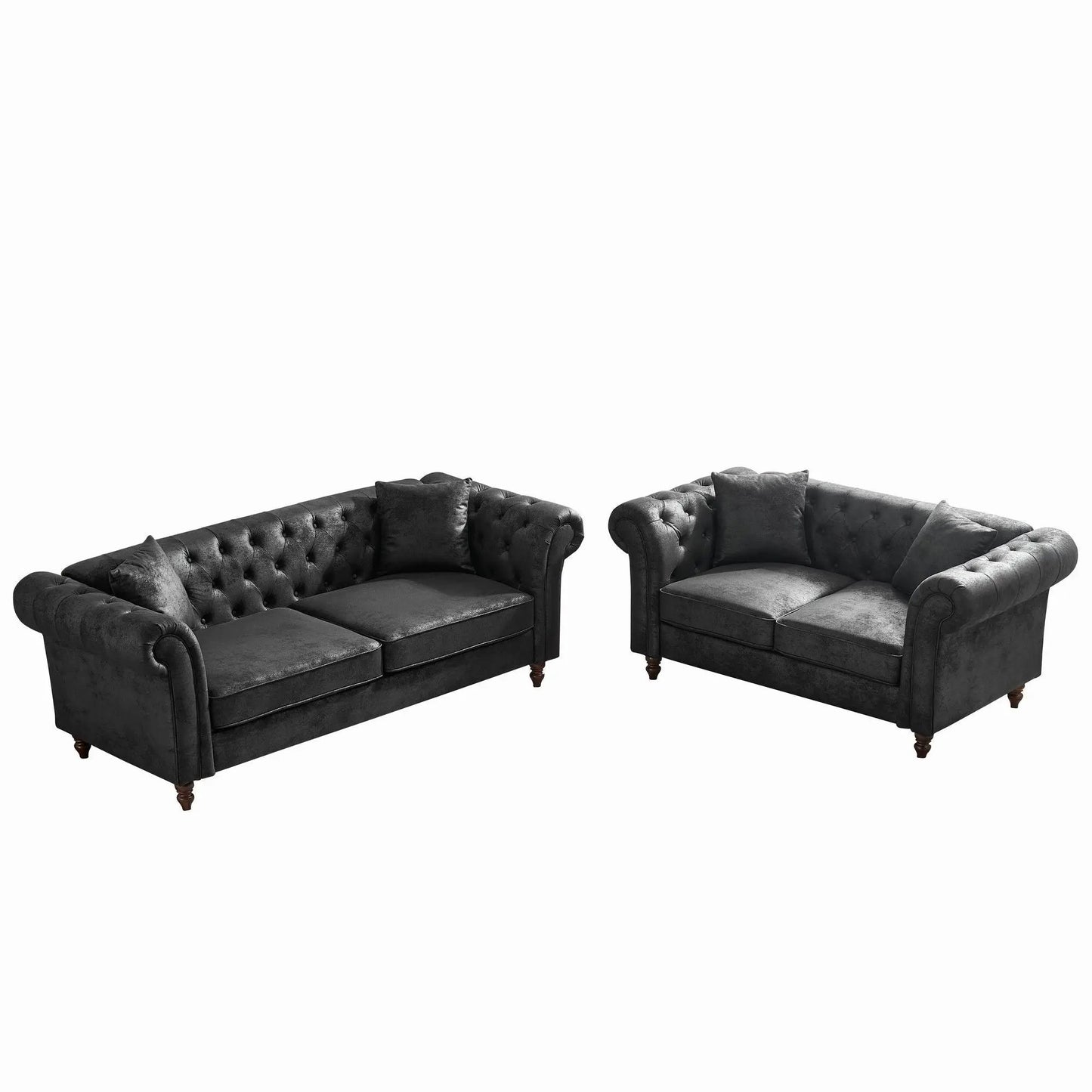 Chesterfield 3 and 2 seater sofa set (2-piece) in black velvet with tufted arms on Tampa Home & Garden Store