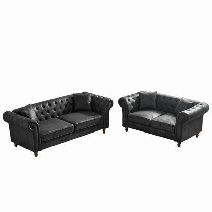 Chesterfield 3 and 2 seater sofa set (2-piece) in black velvet with tufted arms on Tampa Home & Garden Store