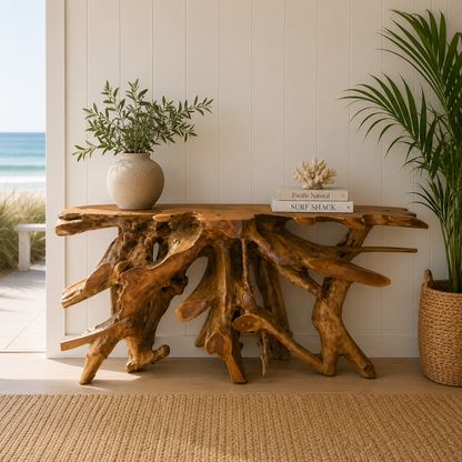 Teak Console Table by The Broward Design Center with a natural rootwood base and smooth top on Tampa Home & Garden Store