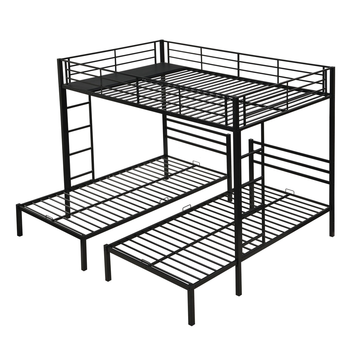 Modern black metal triple bunk bed with vertical ladder, safety rails, and built-in storage shelf on Tampa Home & Garden Store