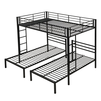 Modern black metal triple bunk bed with vertical ladder, safety rails, and built-in storage shelf on Tampa Home & Garden Store