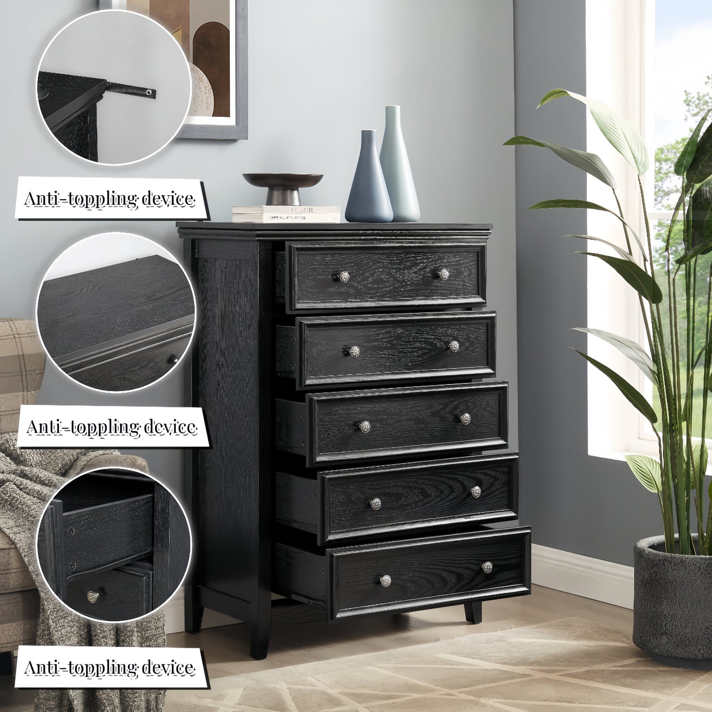 Modern 5-drawer black dresser with silver knobs for living room storage topped with vases on Tampa Home & Garden Store