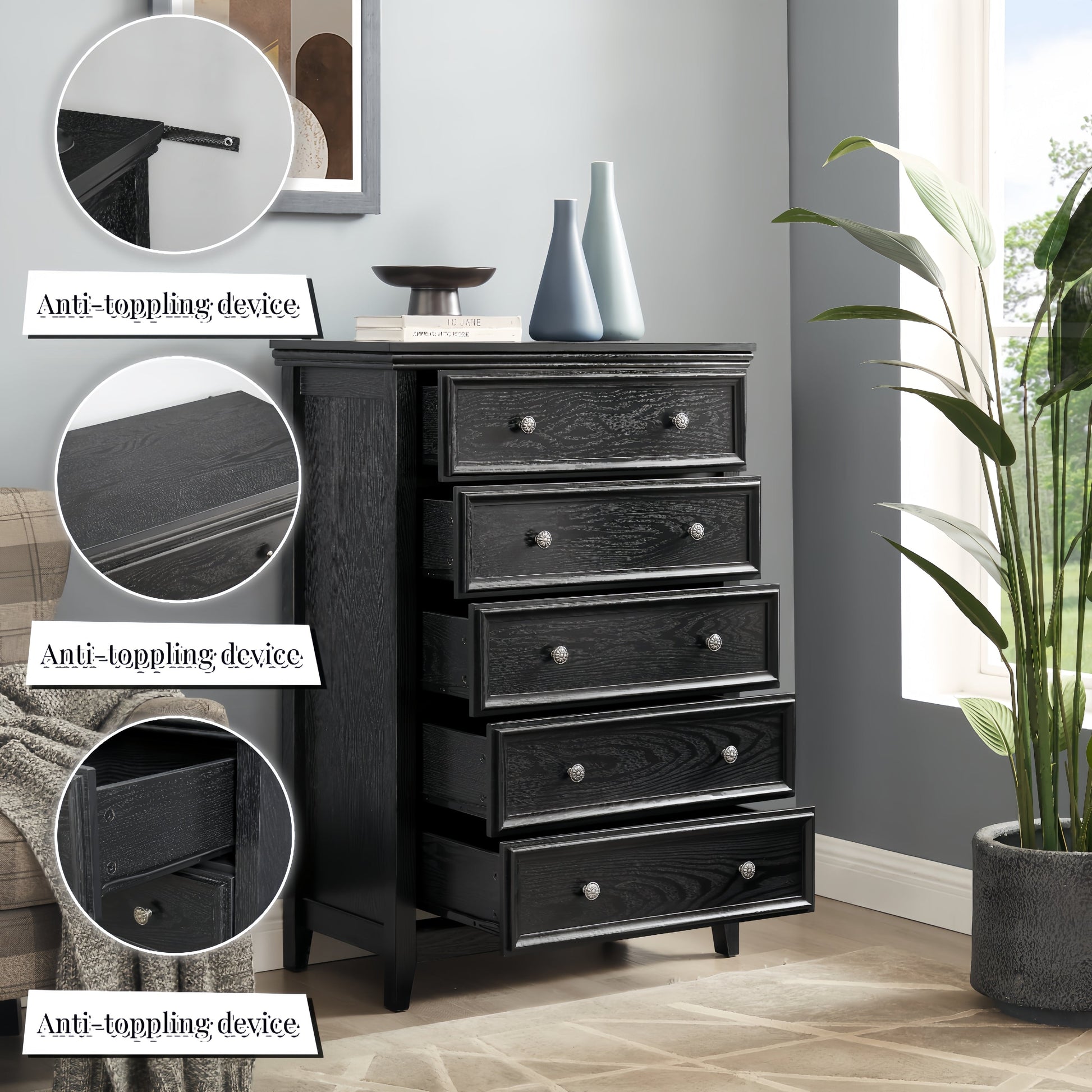 Modern 5-drawer black dresser with silver knobs for living room storage topped with vases on Tampa Home & Garden Store