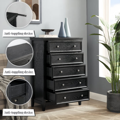 Modern 5-drawer black dresser with silver knobs for living room storage topped with vases on Tampa Home & Garden Store