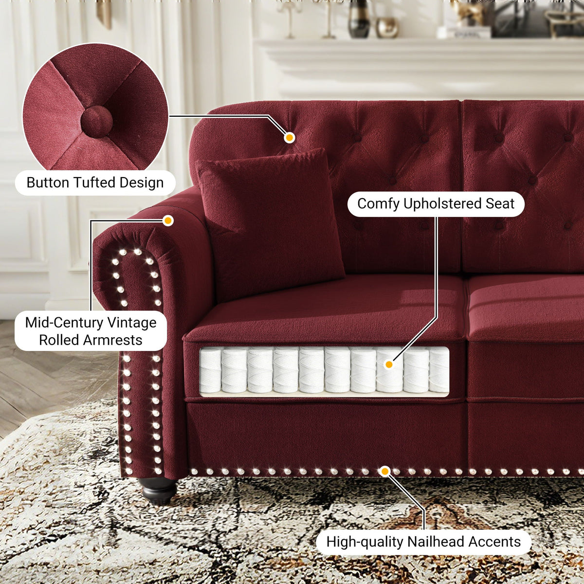 Sofa with nailhead trim and rolled armrests