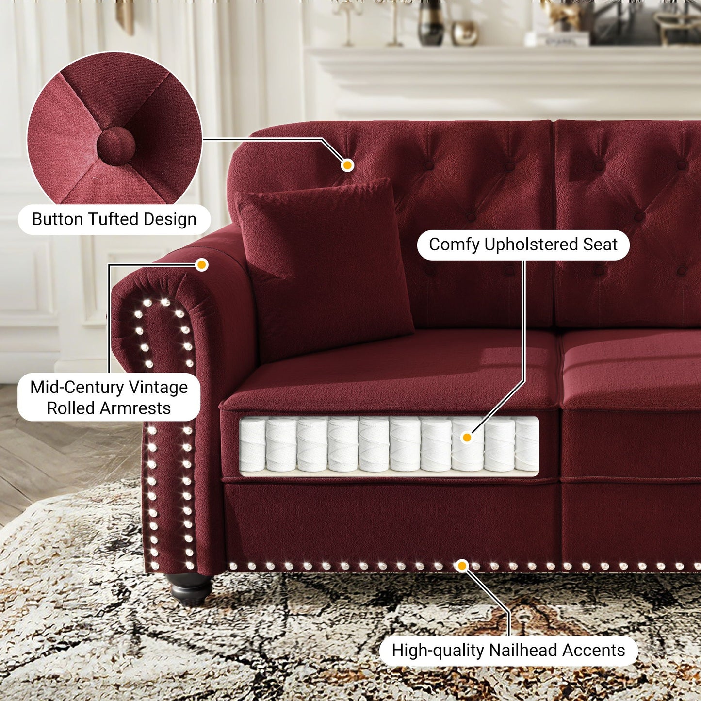 Upholstered Sofa Set with Nailhead and Pillows