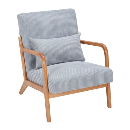 Accent arm chair with pillow upholstered in light gray ribbed fabric, wooden arms on Tampa Home & Garden Store