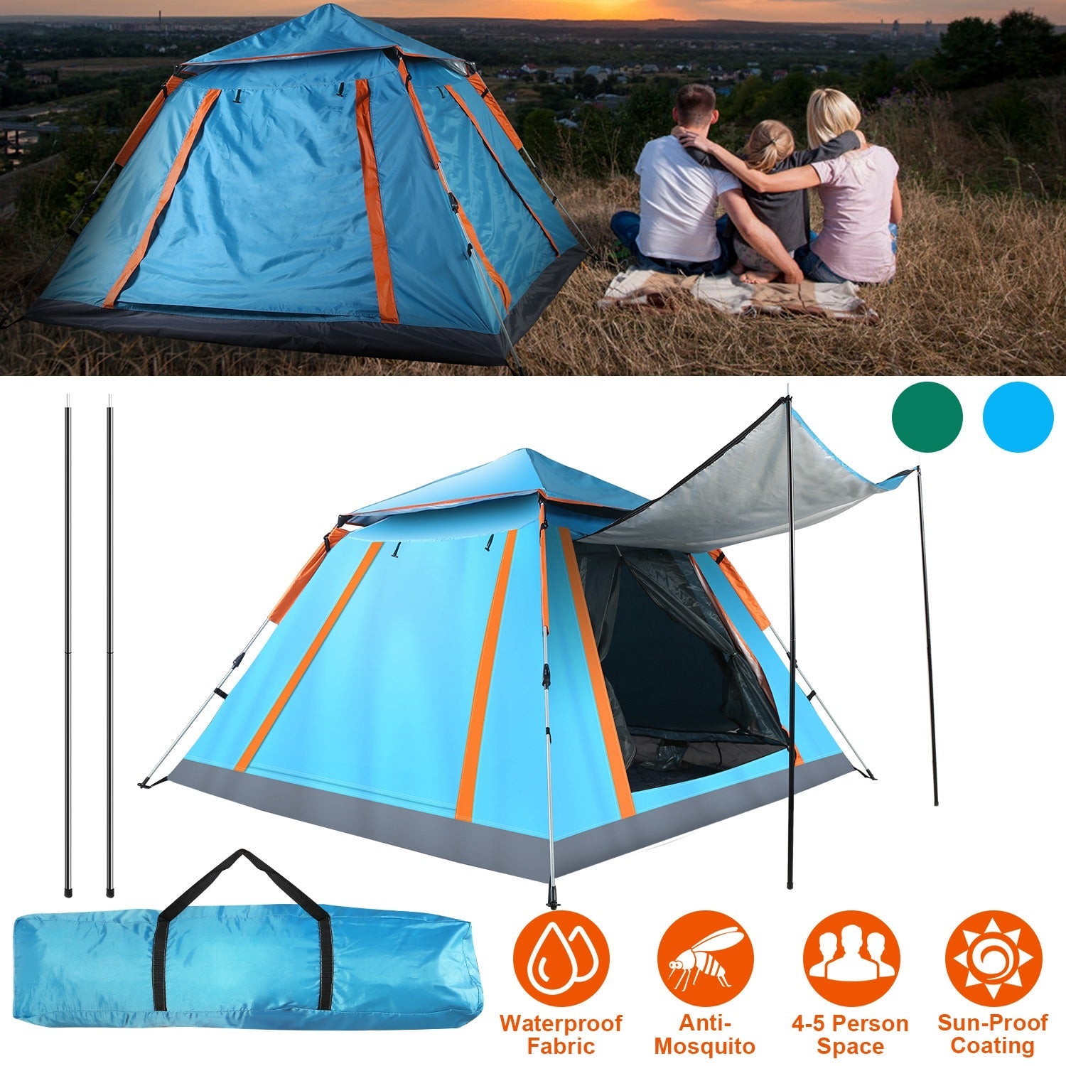 GemGear 4-5 Person Camping Tent blue, waterproof fabric, carrying bag on Tampa Home & Garden Store