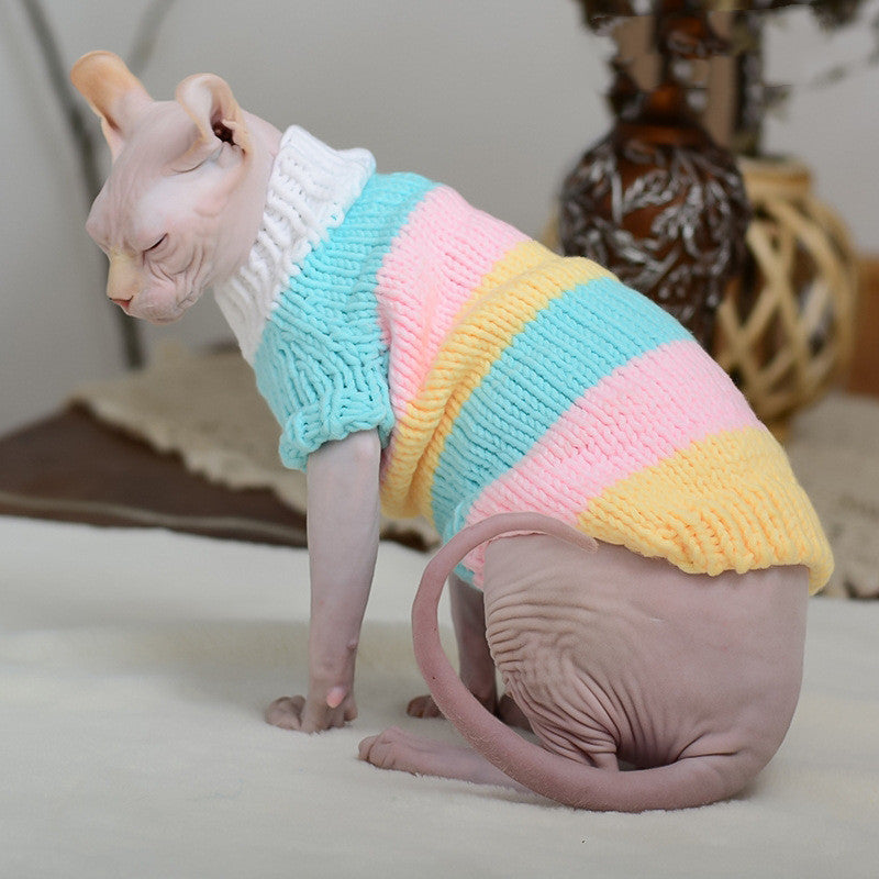 Hairless cat warm sweater by Pet Zen in turquoise pink yellow striped knit on Tampa Home & Garden Store