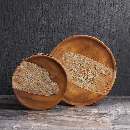 Wood grain ceramic flat vases set of two with crackled beige band in warm brown finish on Tampa Home & Garden Store