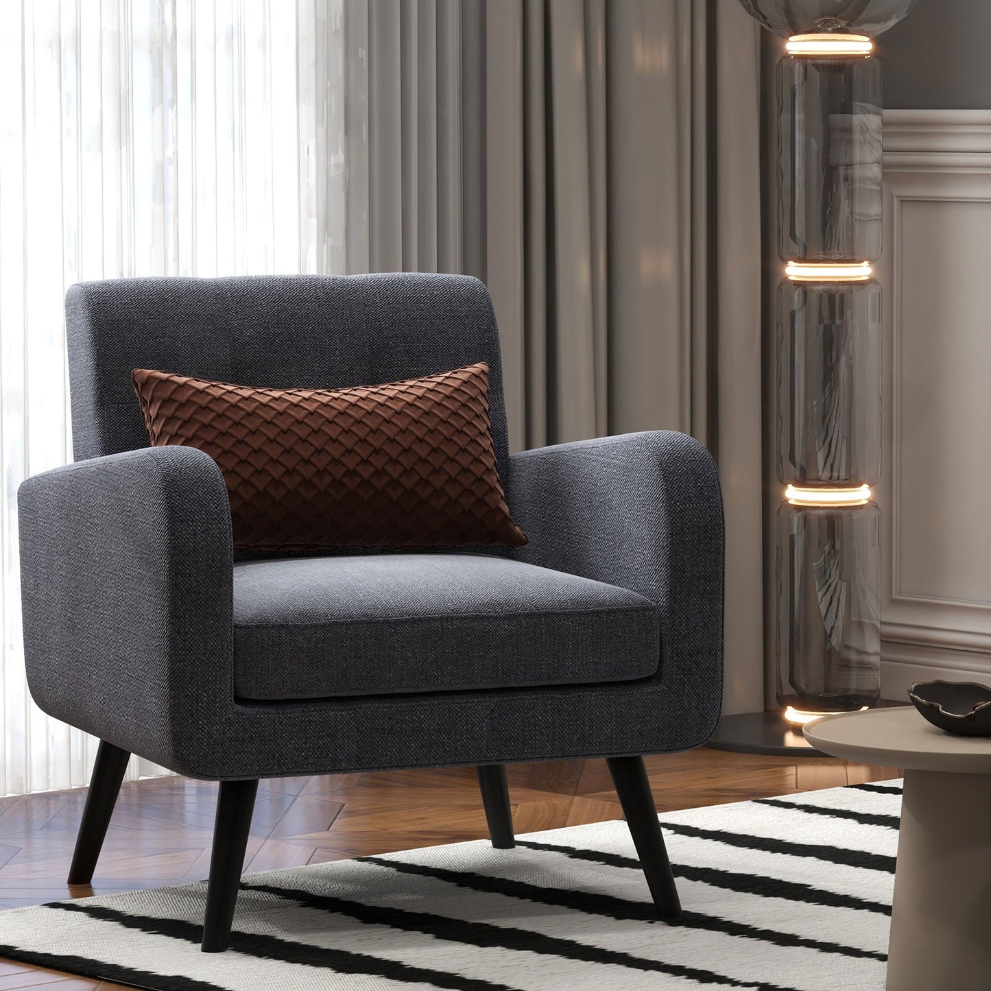 Sillón decorativo moderno y cómodo con patas de madera de caucho - Gris