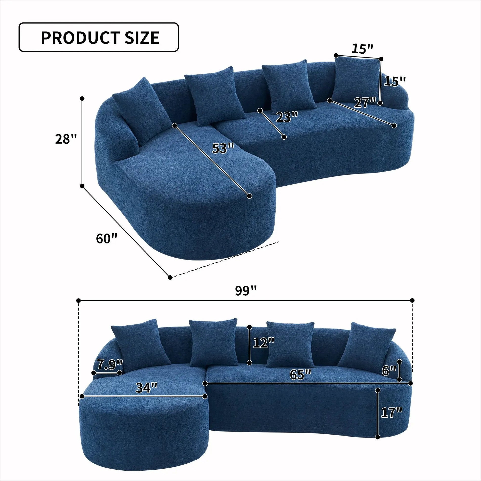 Combined Sofa With 4 Pillows blue textured stationary sectional by Unique Piece Furniture on Tampa Home & Garden Store