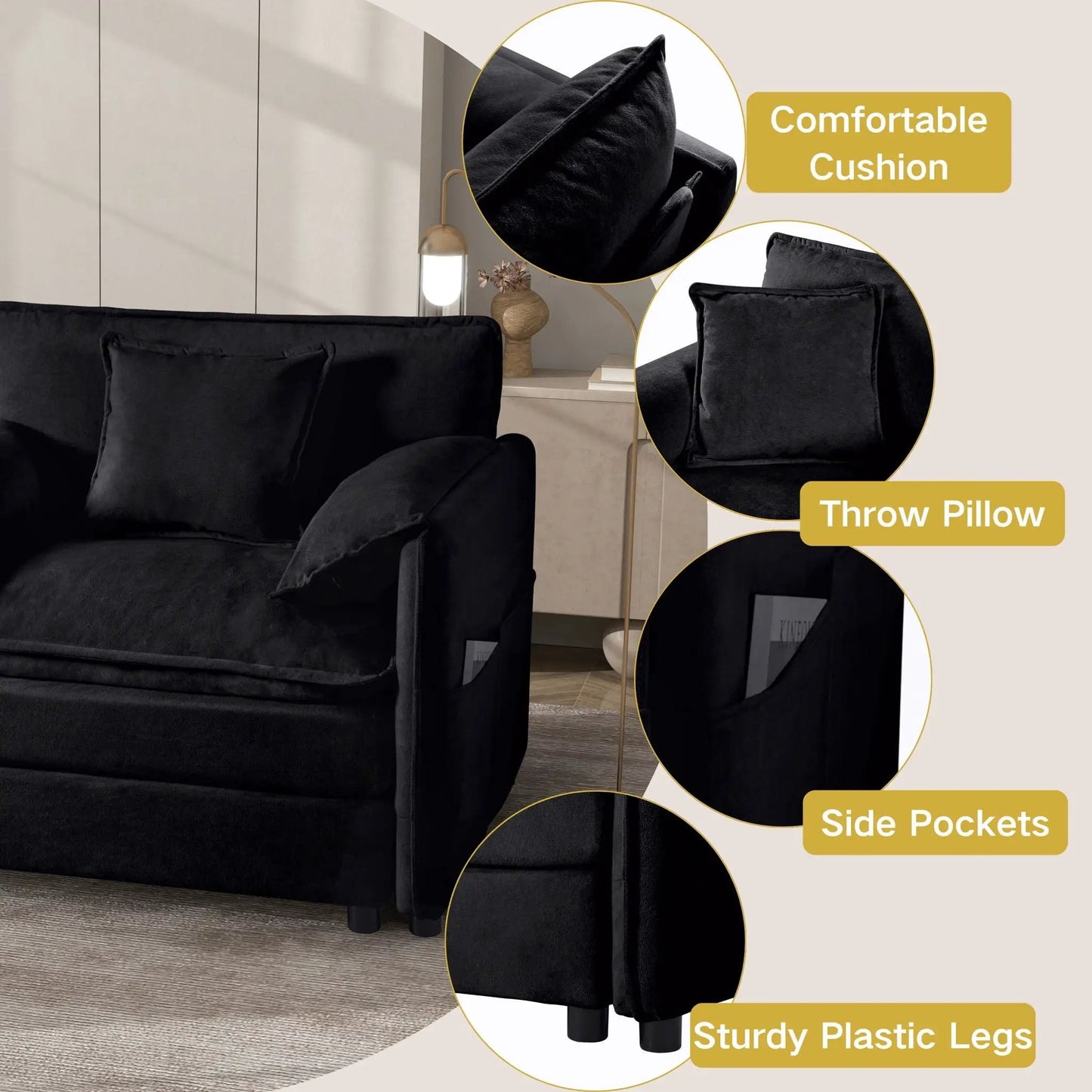 Modern comfy deep-seat modular sectional sofa cloud couch with ottoman, black velvet cushions on Tampa Home & Garden Store