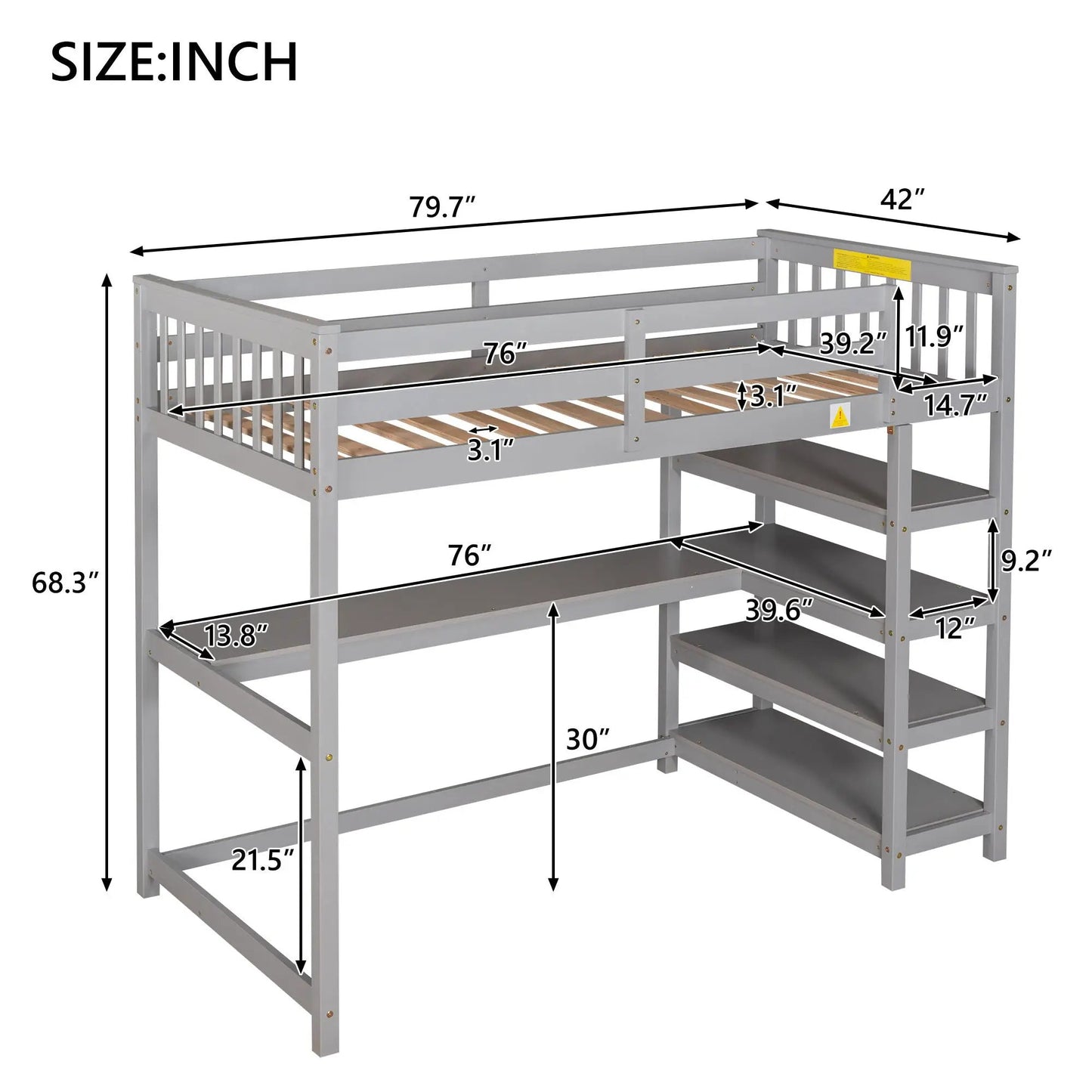 Loft Bed with Storage Shelves and Under Bed Desk