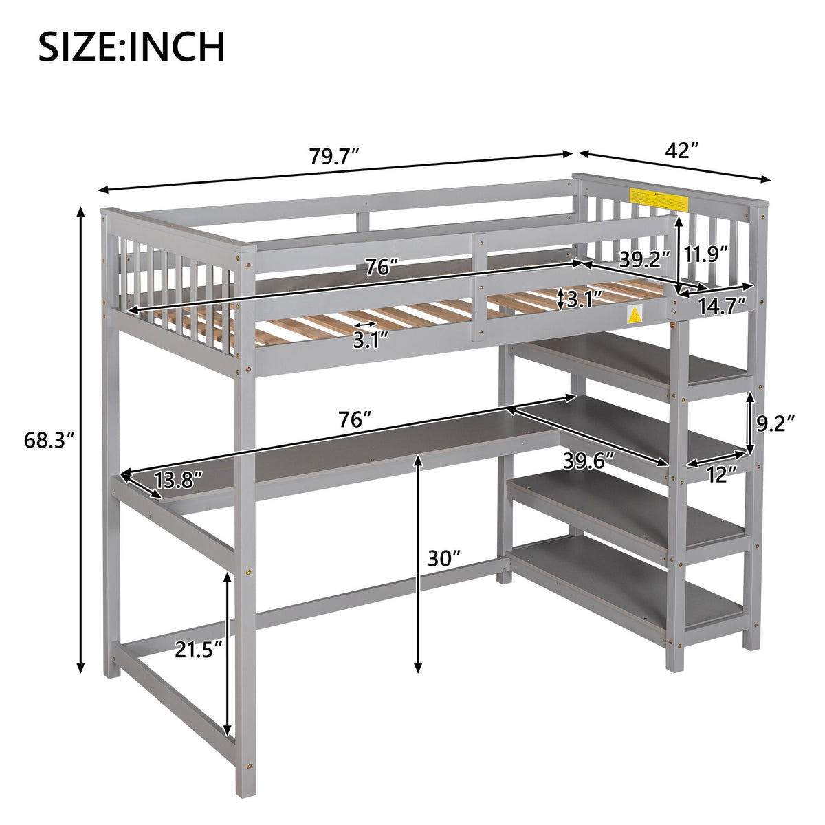 Loft bed with storage shelves and under-bed desk in grey metal frame by HouseOfZazla on Tampa Home & Garden Store