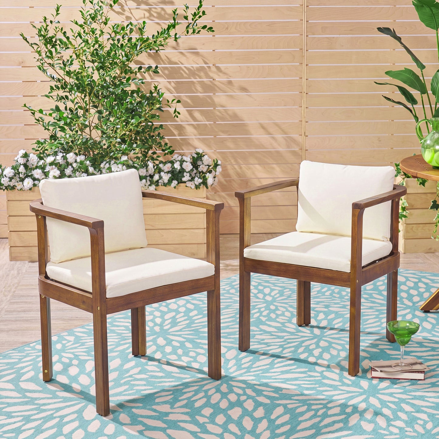 Outdoor dining chair set of 2 with curved acacia wood arms, cream cushions HouseOfZazla on Tampa Home & Garden Store