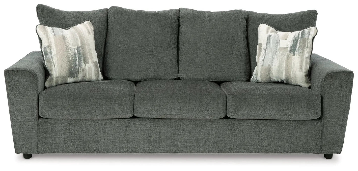 Stairatt Sofa dark gray textured fabric, stationary sofa with two abstract-pattern cushions on Tampa Home & Garden Store