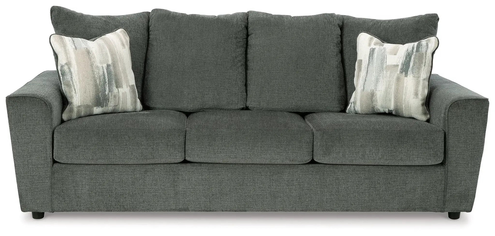 Stairatt Sofa dark gray textured fabric, stationary sofa with two abstract-pattern cushions on Tampa Home & Garden Store