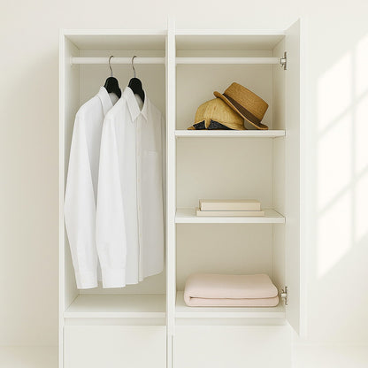 Slim white modular closet cabinet with mirror doors left hanging shirts right shelf with hats on Tampa Home & Garden Store